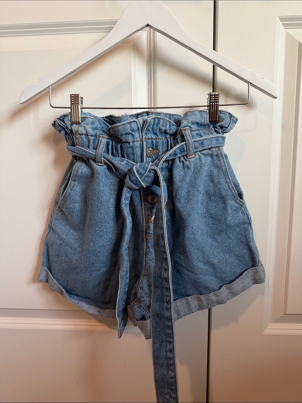 Forever 21 Light Blue Paperbag Waist Denim Shorts with Tie Belt